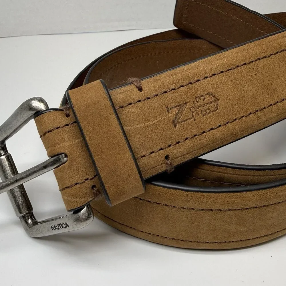 Nautica Men’s Nubuck Leather With Contrast Stitching Tan Belt Sz 38